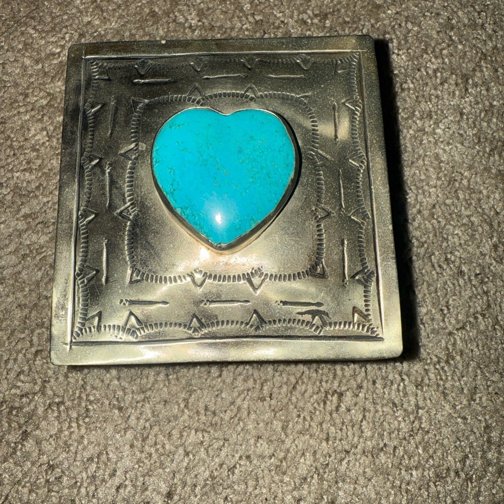 J Alexander German Silver Square Trinket Box with Turquoise Heart